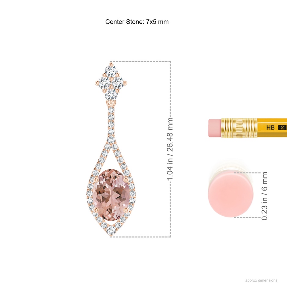 7x5mm AAAA Oval Morganite Drop Earrings with Diamond Accents in Rose Gold ruler