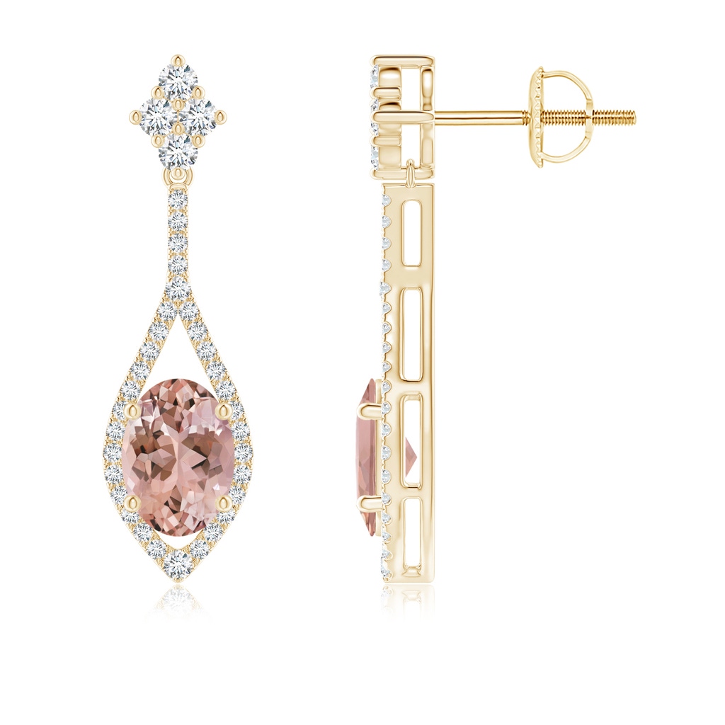 7x5mm AAAA Oval Morganite Drop Earrings with Diamond Accents in Yellow Gold