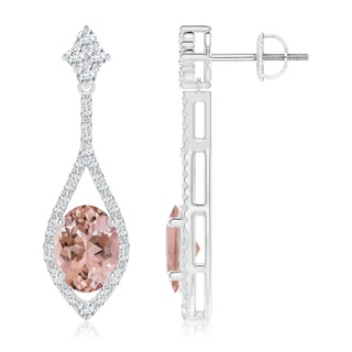 8x6mm AAAA Oval Morganite Drop Earrings with Diamond Accents in P950 Platinum