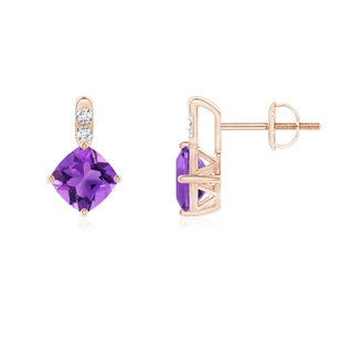 5mm AAA Sideways Cushion Amethyst Earrings with Diamond Accents in Rose Gold