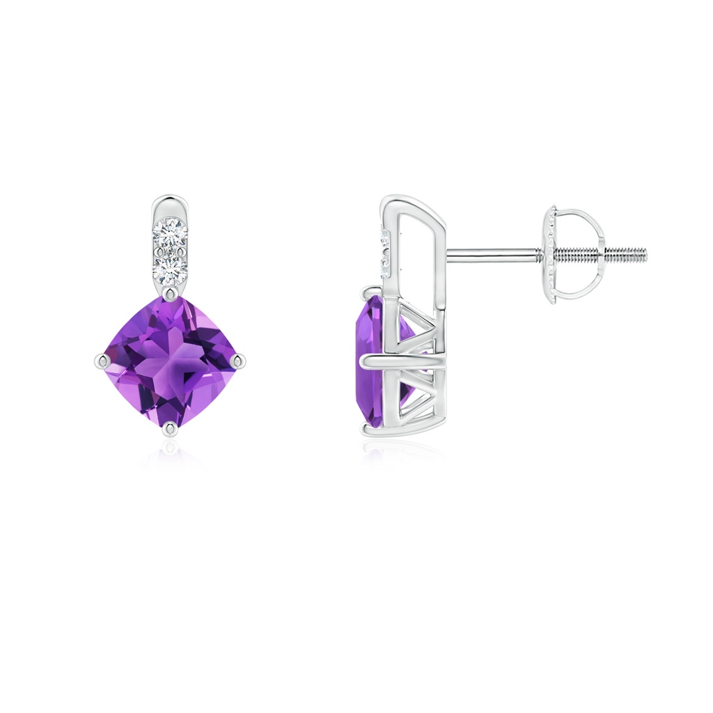 5mm AAA Sideways Cushion Amethyst Earrings with Diamond Accents in White Gold