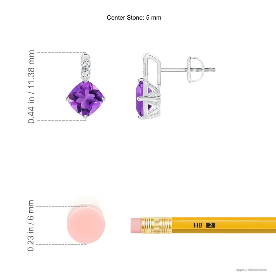 5mm AAA Sideways Cushion Amethyst Earrings with Diamond Accents in White Gold ruler