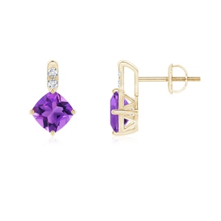 5mm AAA Sideways Cushion Amethyst Earrings with Diamond Accents in Yellow Gold