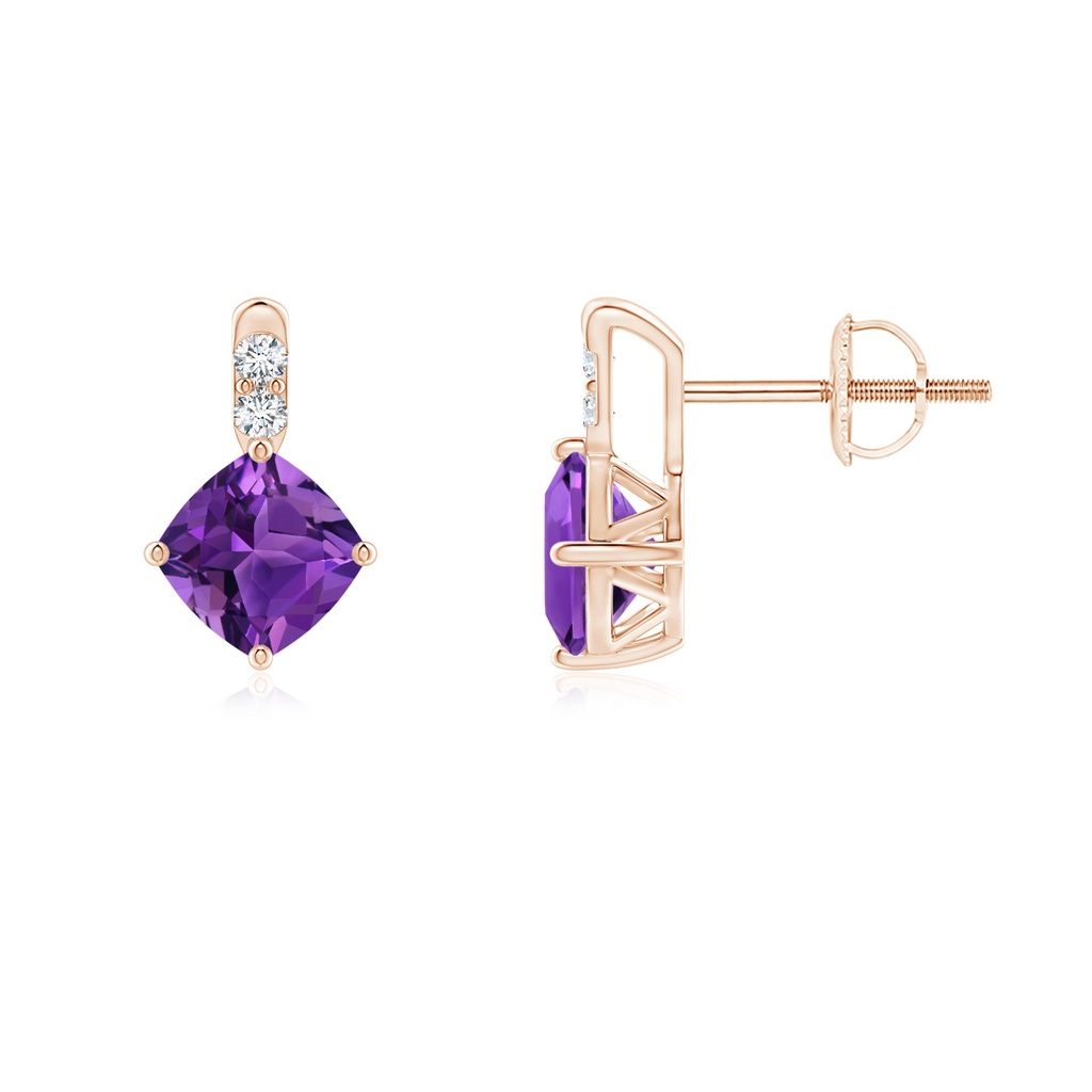 5mm AAAA Sideways Cushion Amethyst Earrings with Diamond Accents in Rose Gold