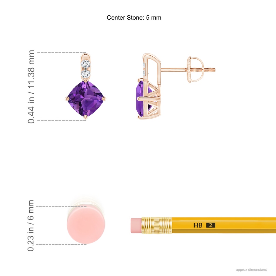 5mm AAAA Sideways Cushion Amethyst Earrings with Diamond Accents in Rose Gold ruler