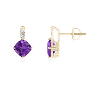 5mm AAAA Sideways Cushion Amethyst Earrings with Diamond Accents in Yellow Gold