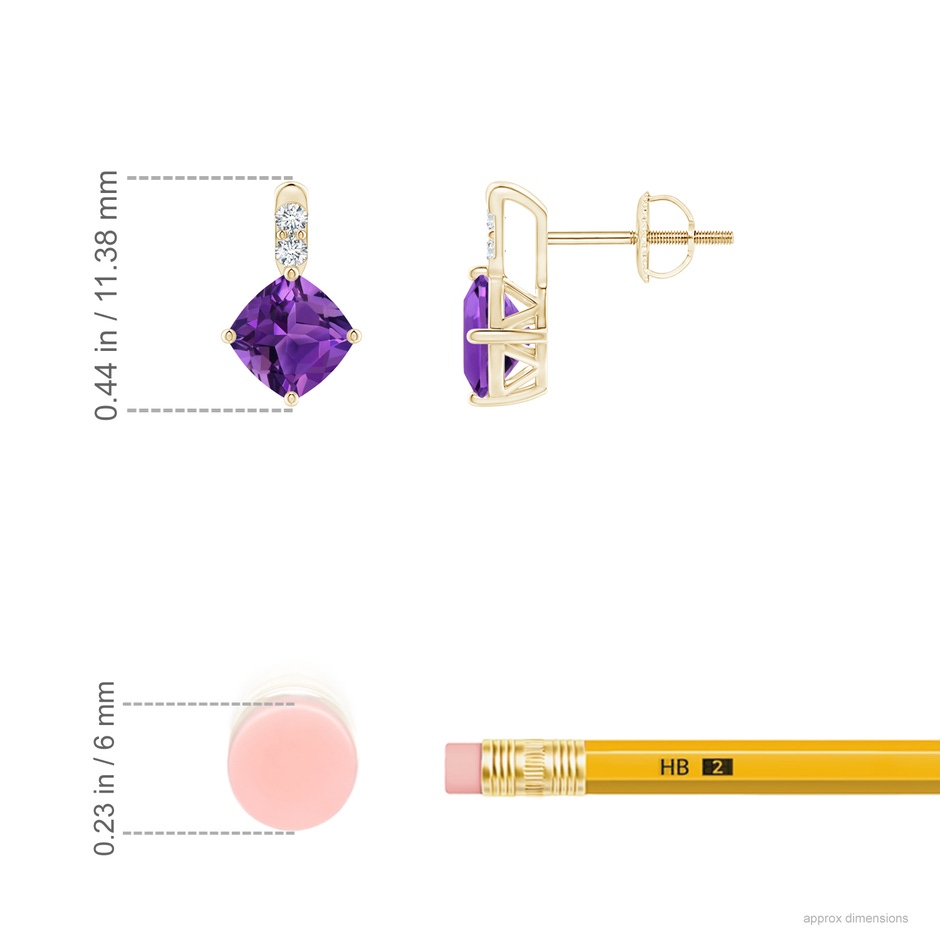 5mm AAAA Sideways Cushion Amethyst Earrings with Diamond Accents in Yellow Gold ruler