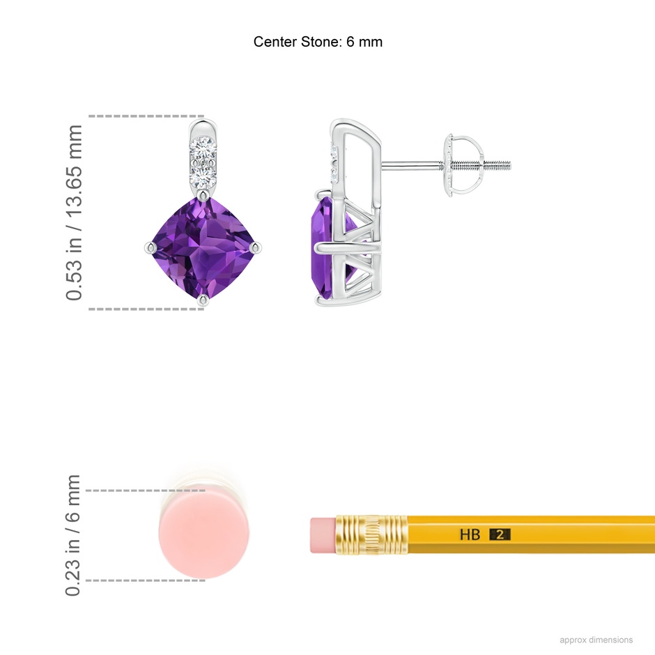 6mm AAAA Sideways Cushion Amethyst Earrings with Diamond Accents in White Gold ruler