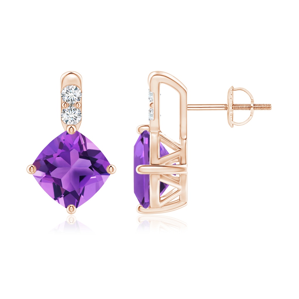 7mm AAA Sideways Cushion Amethyst Earrings with Diamond Accents in Rose Gold