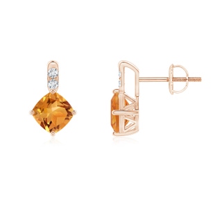 5mm AA Sideways Cushion Citrine Earrings with Diamond Accents in Rose Gold