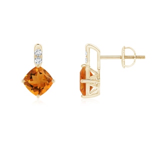 5mm AAA Sideways Cushion Citrine Earrings with Diamond Accents in Yellow Gold