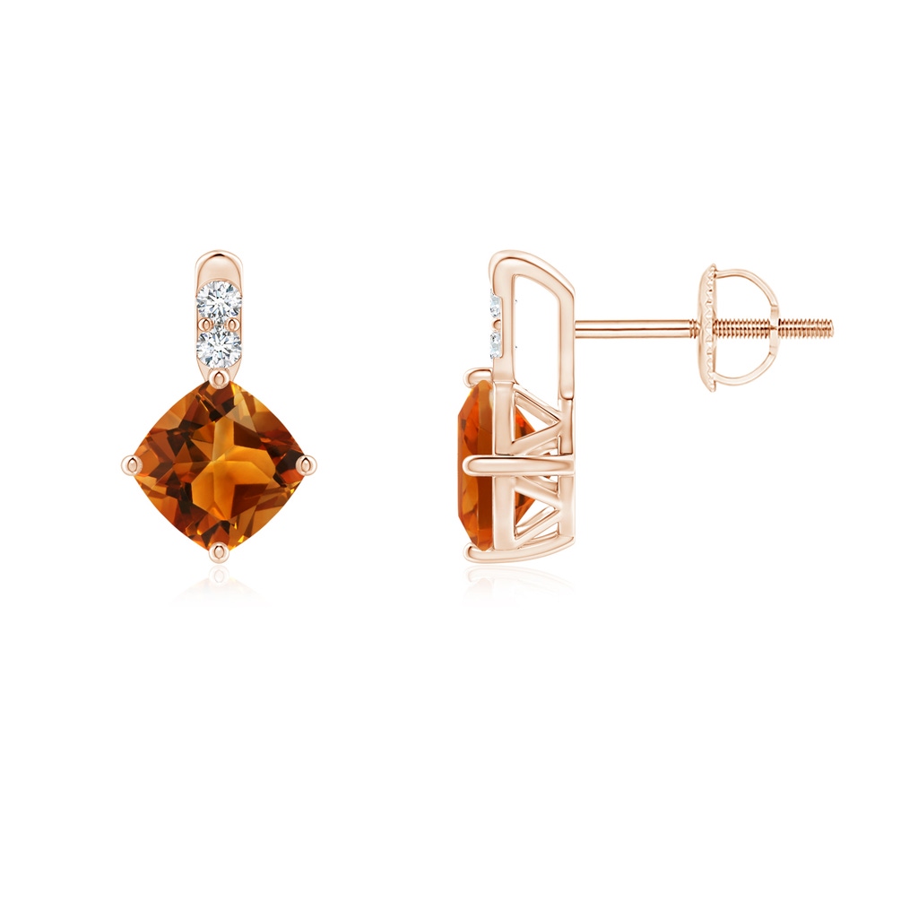 5mm AAAA Sideways Cushion Citrine Earrings with Diamond Accents in Rose Gold