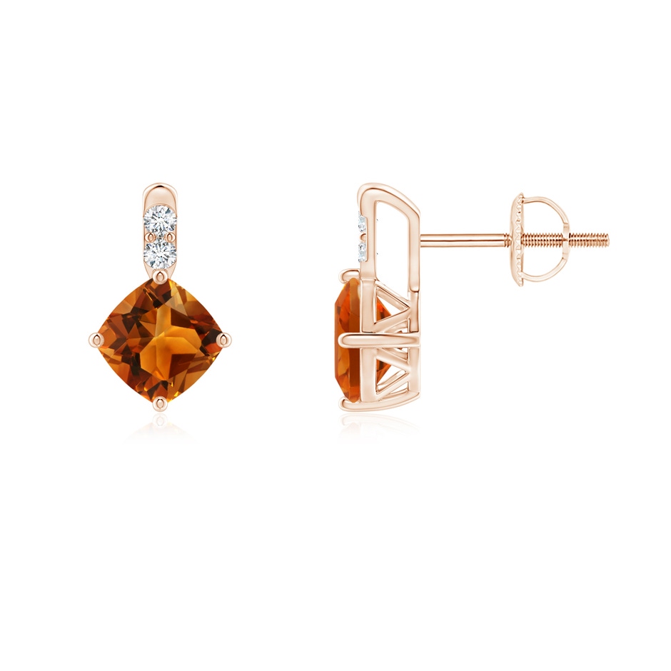 5mm AAAA Sideways Cushion Citrine Earrings with Diamond Accents in Rose Gold 