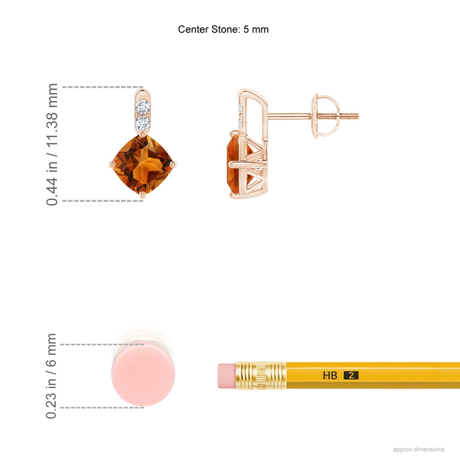 5mm AAAA Sideways Cushion Citrine Earrings with Diamond Accents in Rose Gold ruler