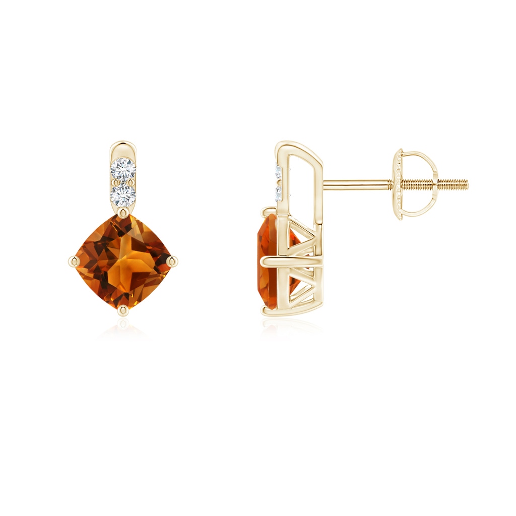 5mm AAAA Sideways Cushion Citrine Earrings with Diamond Accents in Yellow Gold