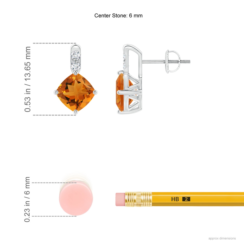 6mm AAA Sideways Cushion Citrine Earrings with Diamond Accents in White Gold Ruler