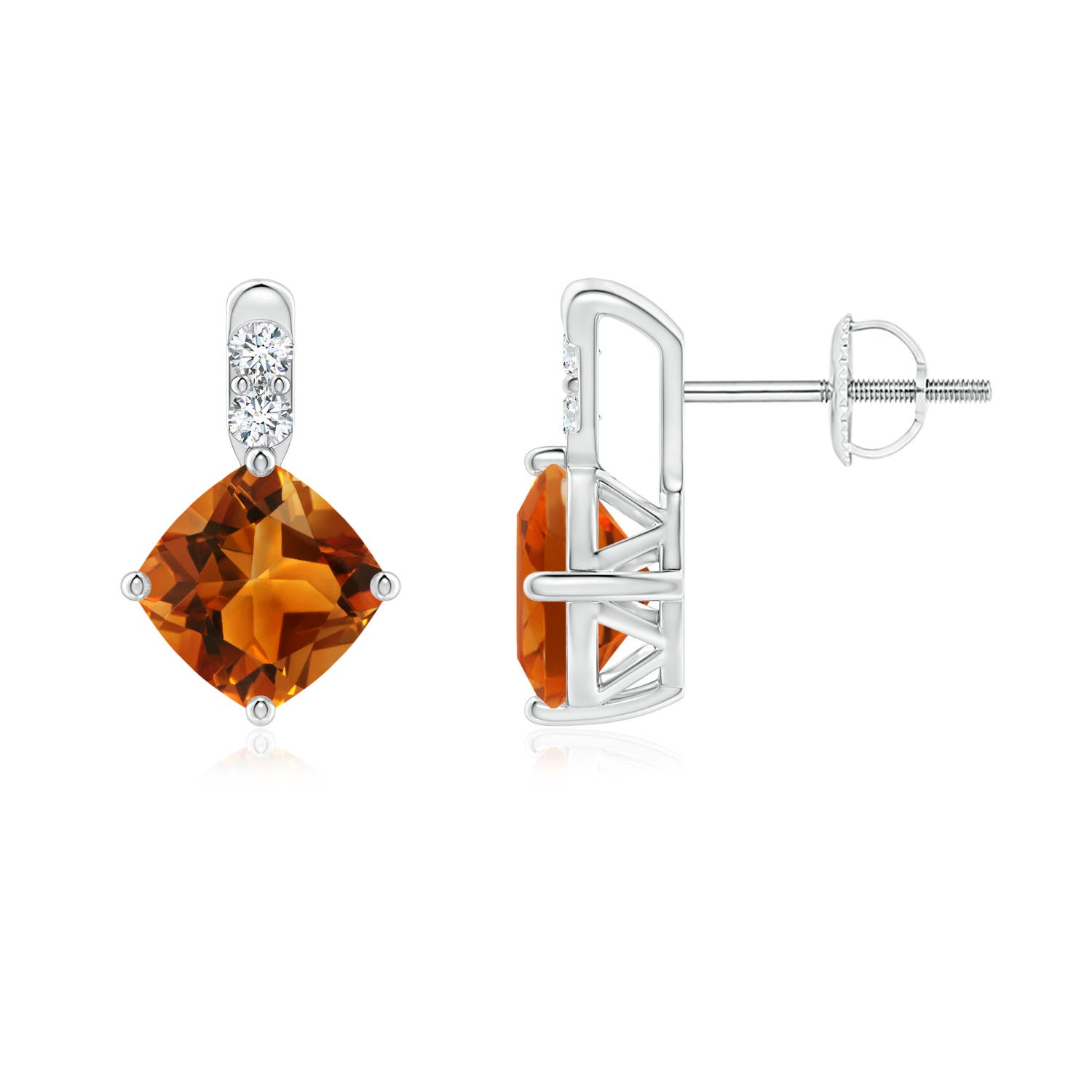 6mm AAAA Sideways Cushion Citrine Earrings with Diamond Accents in P950 Platinum