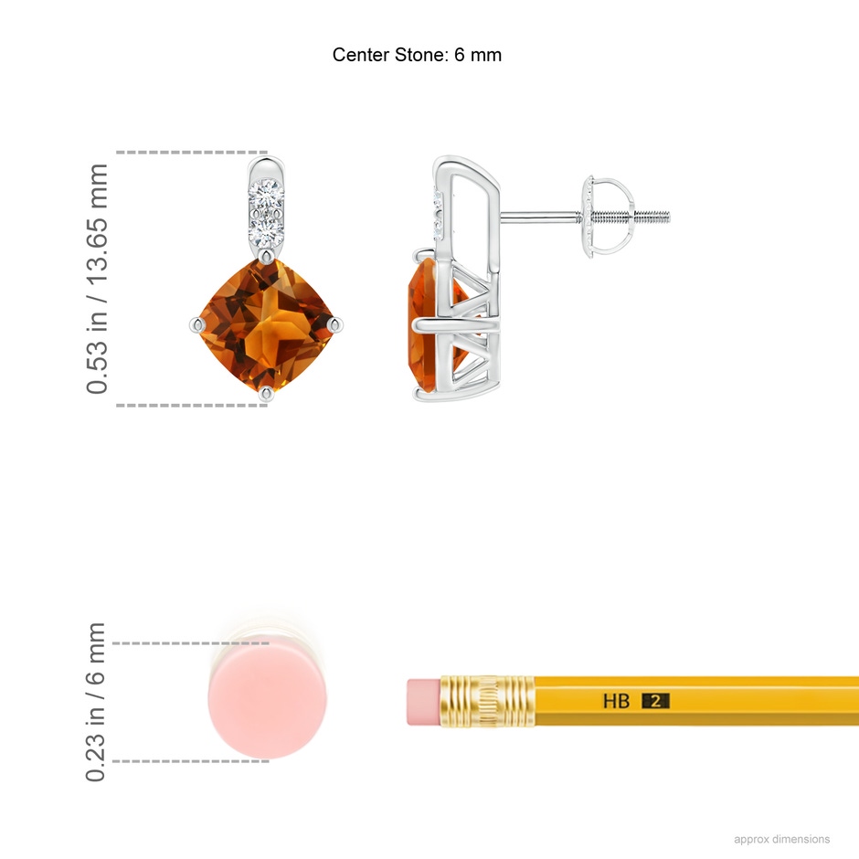 6mm AAAA Sideways Cushion Citrine Earrings with Diamond Accents in White Gold ruler