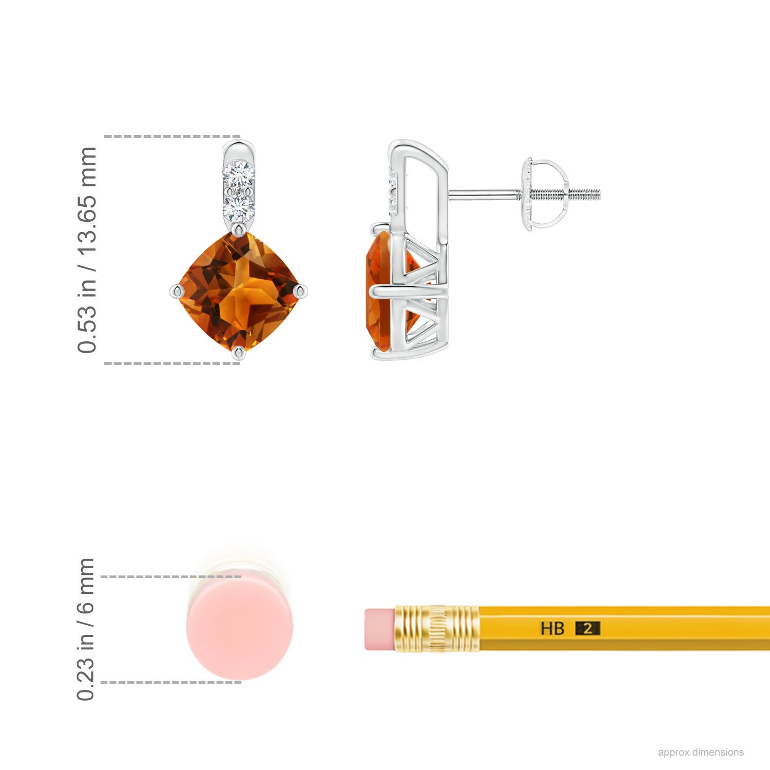 6mm AAAA Sideways Cushion Citrine Earrings with Diamond Accents in White Gold - ruler