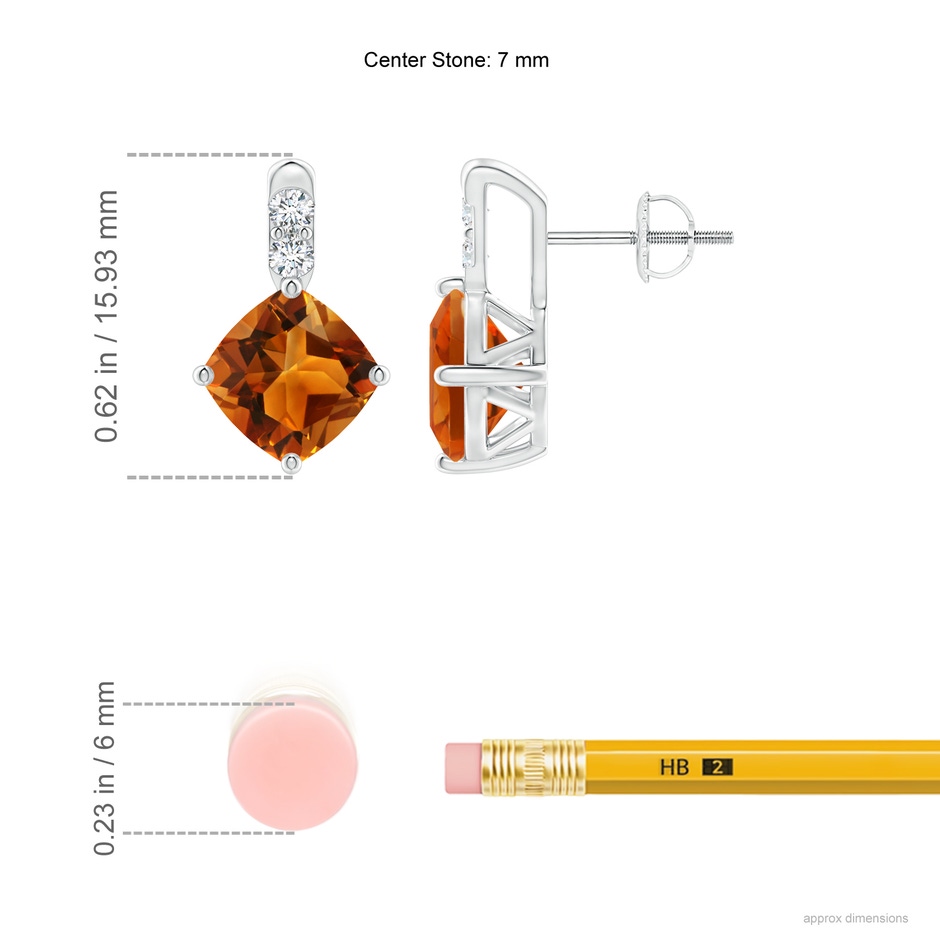 7mm AAAA Sideways Cushion Citrine Earrings with Diamond Accents in P950 Platinum ruler