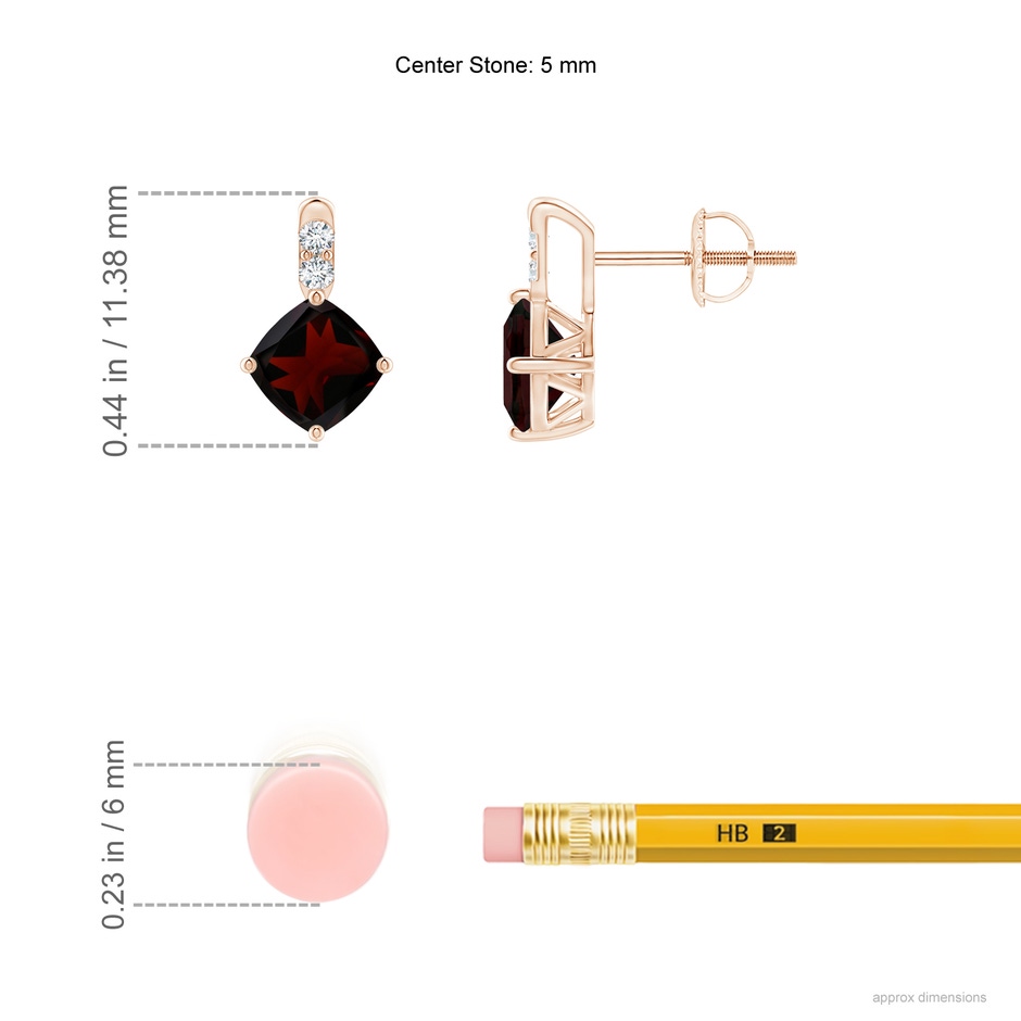 5mm A Sideways Cushion Garnet Earrings with Diamond Accents in Rose Gold ruler