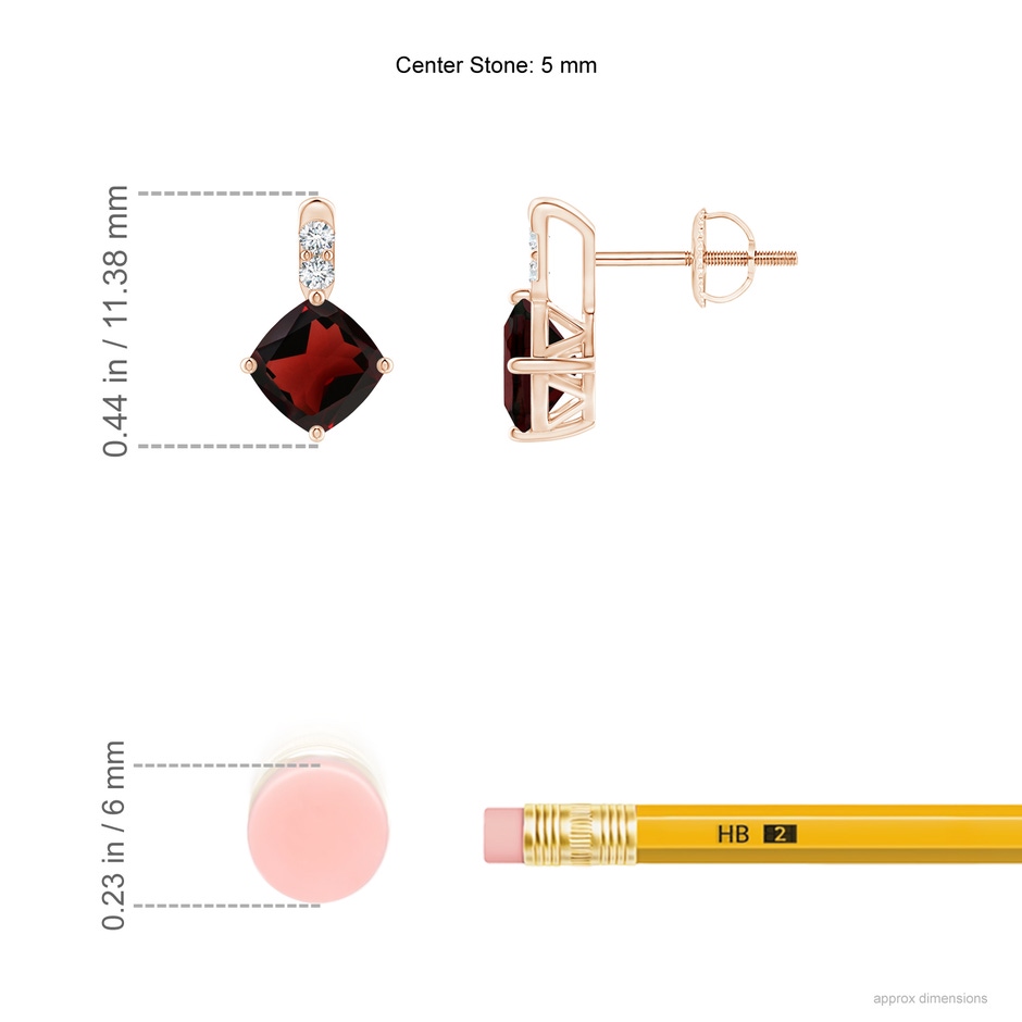 5mm AA Sideways Cushion Garnet Earrings with Diamond Accents in Rose Gold ruler