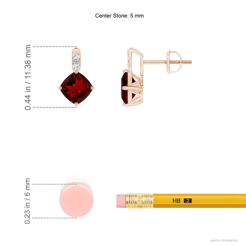 5mm AAAA Sideways Cushion Garnet Earrings with Diamond Accents in Rose Gold ruler