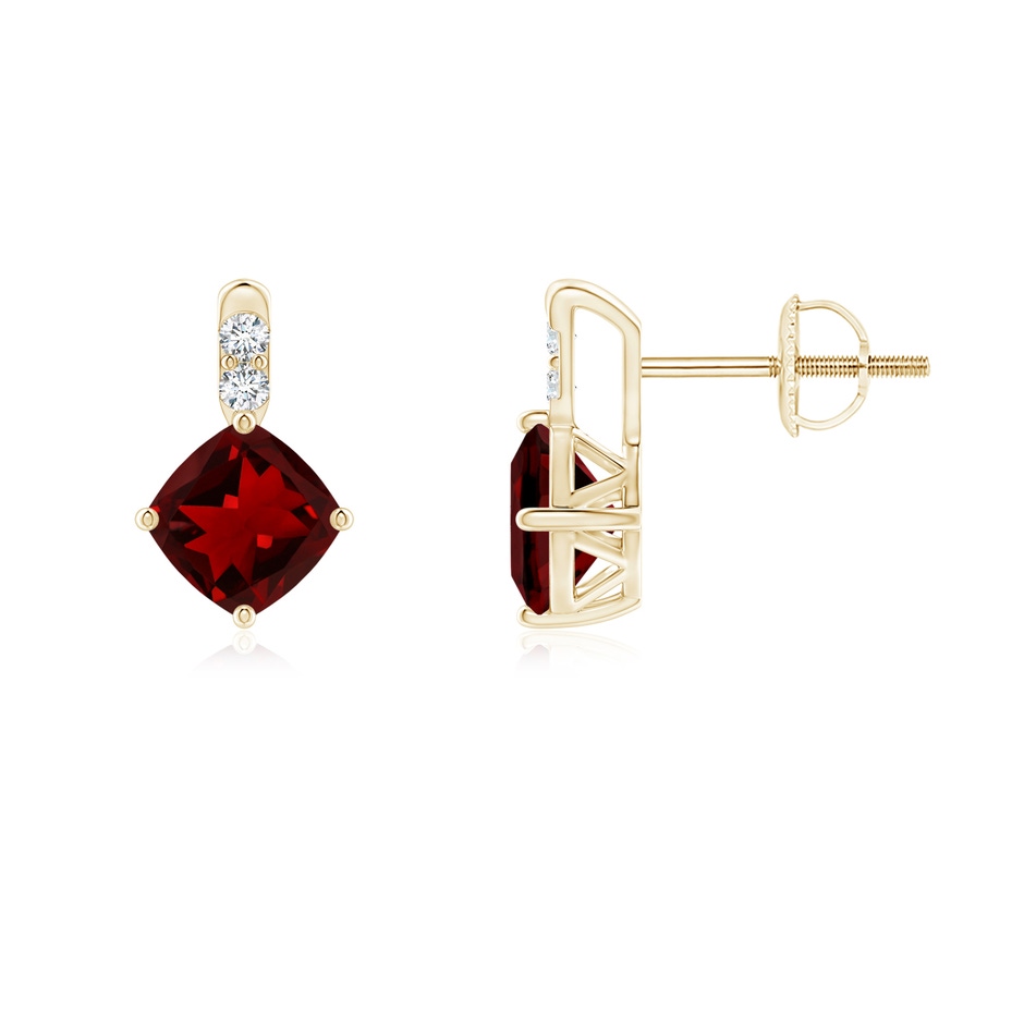 5mm AAAA Sideways Cushion Garnet Earrings with Diamond Accents in Yellow Gold 