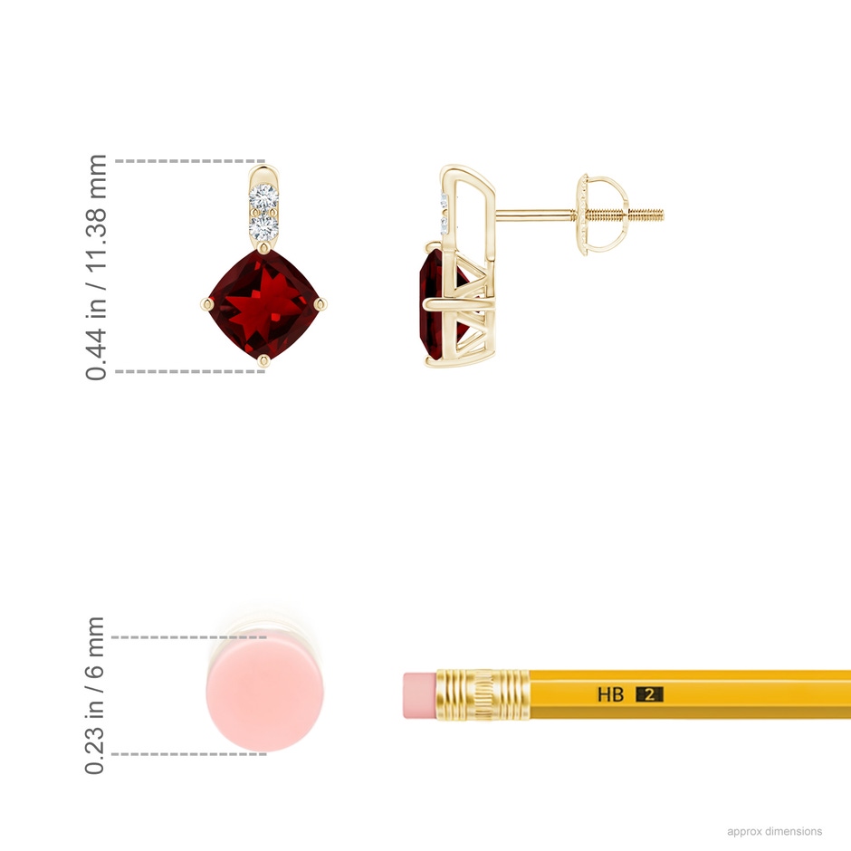 5mm AAAA Sideways Cushion Garnet Earrings with Diamond Accents in Yellow Gold ruler