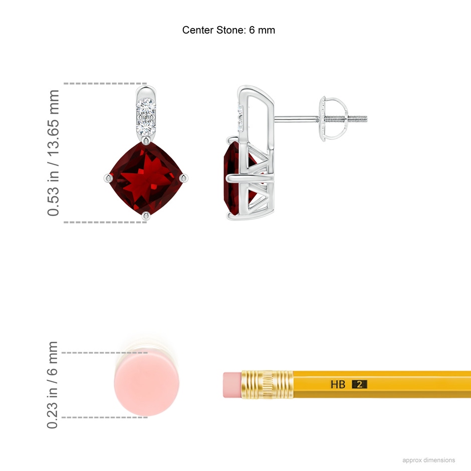 6mm AAAA Sideways Cushion Garnet Earrings with Diamond Accents in White Gold ruler