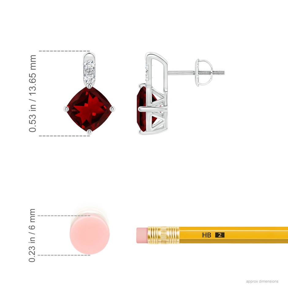 6mm AAAA Sideways Cushion Garnet Earrings with Diamond Accents in White Gold ruler