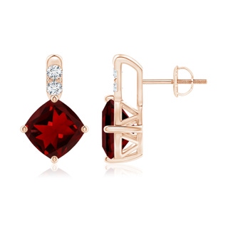 7mm AAAA Sideways Cushion Garnet Earrings with Diamond Accents in Rose Gold