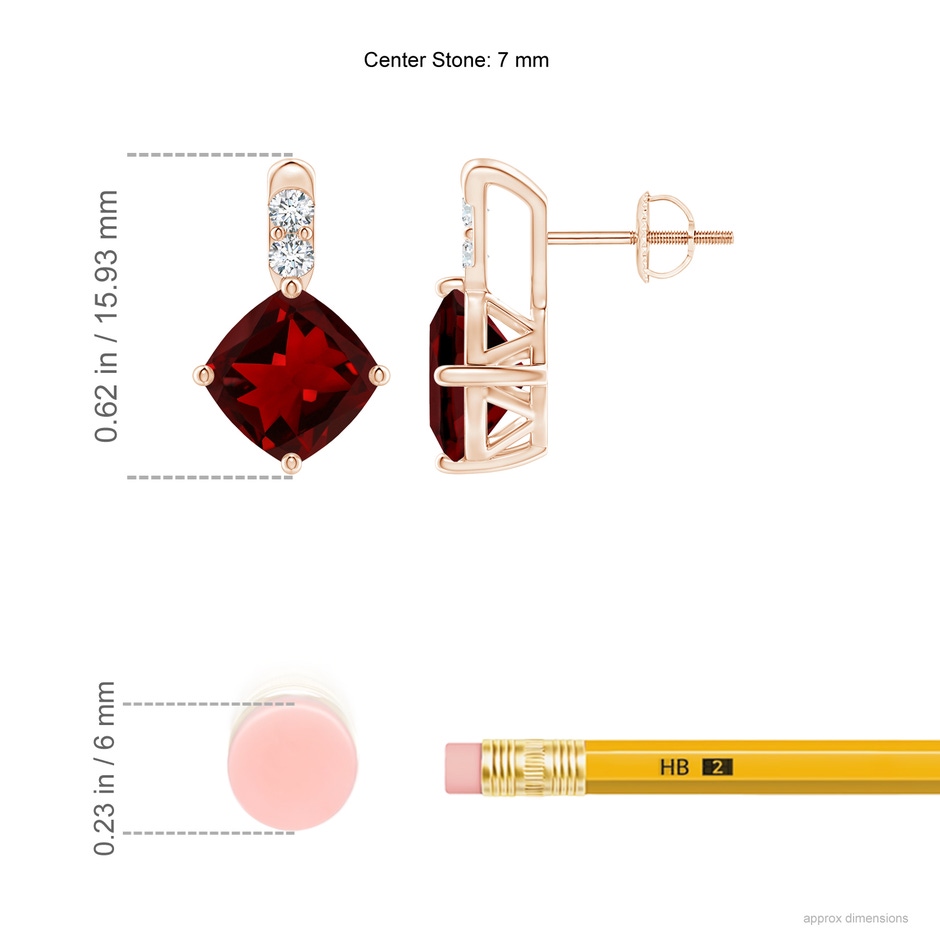 7mm AAAA Sideways Cushion Garnet Earrings with Diamond Accents in Rose Gold ruler