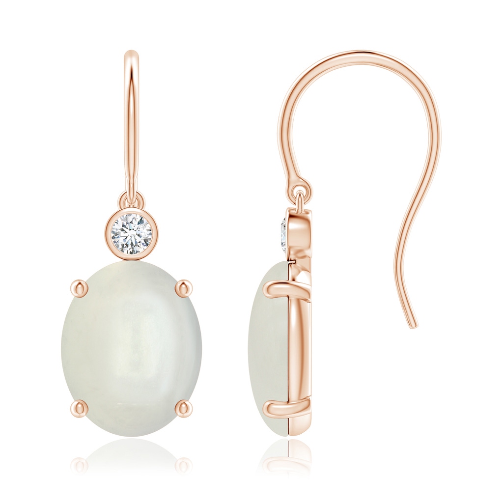 10x8mm AAAA Oval Moonstone Fish Hook Earrings with Bezel-Set Diamonds in Rose Gold