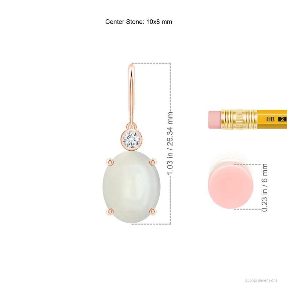 10x8mm AAAA Oval Moonstone Fish Hook Earrings with Bezel-Set Diamonds in Rose Gold ruler