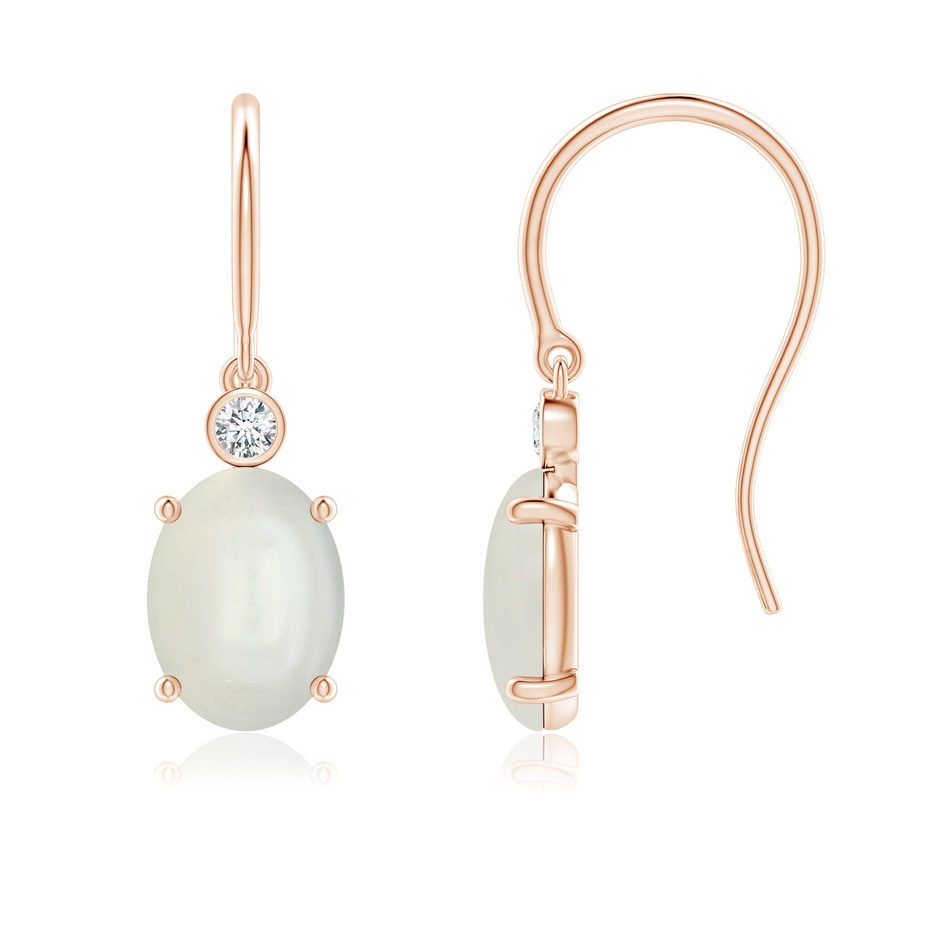 8x6mm AAAA Oval Moonstone Fish Hook Earrings with Bezel-Set Diamonds in Rose Gold 