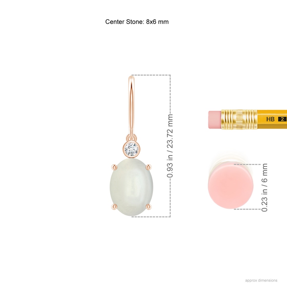 8x6mm AAAA Oval Moonstone Fish Hook Earrings with Bezel-Set Diamonds in Rose Gold ruler