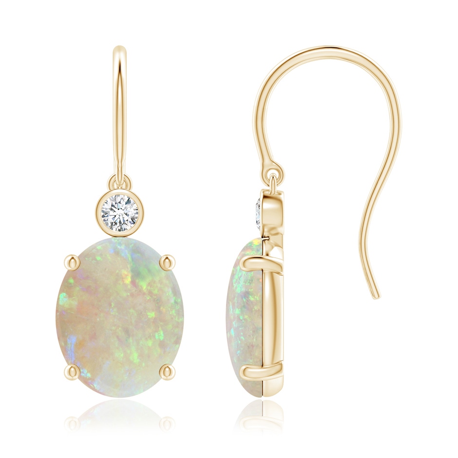 10x8mm AAA Oval Opal Fish Hook Earrings with Bezel-Set Diamonds in Yellow Gold 