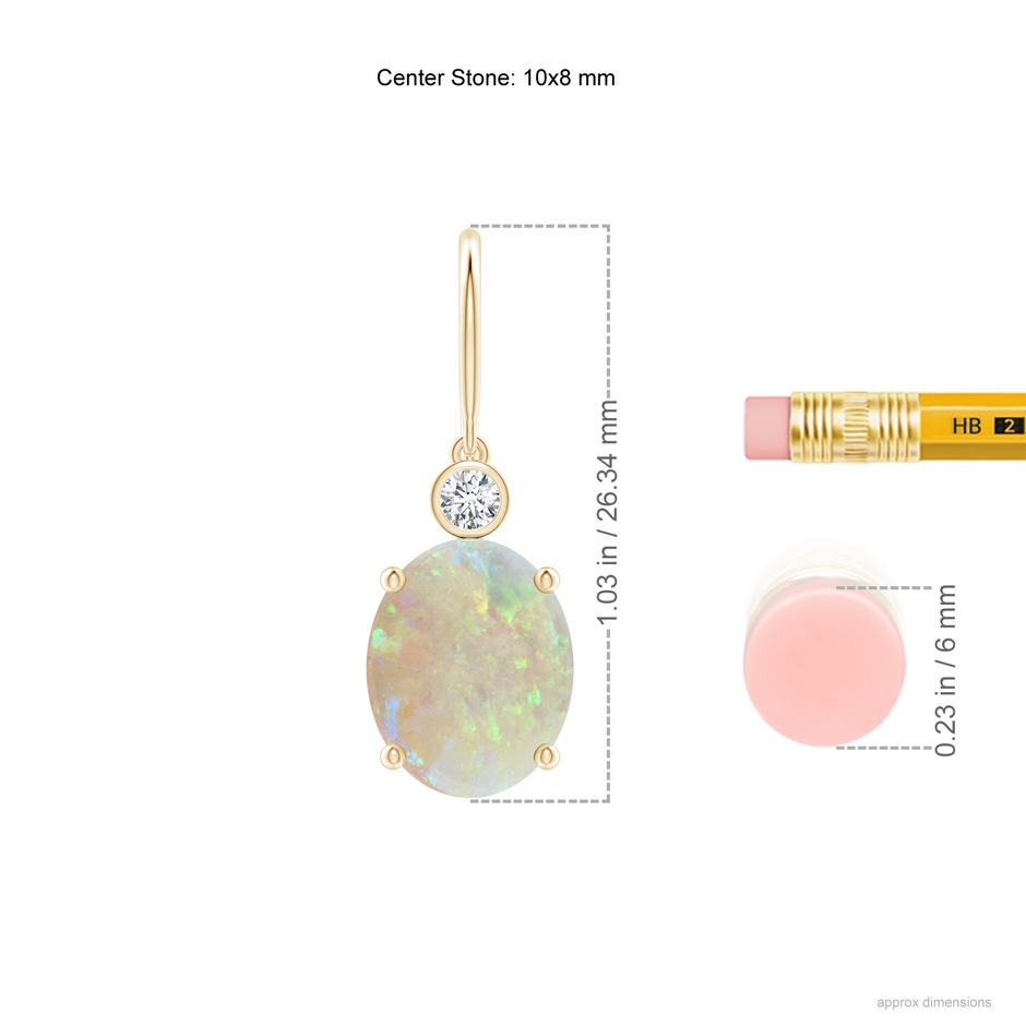 10x8mm AAA Oval Opal Fish Hook Earrings with Bezel-Set Diamonds in Yellow Gold ruler
