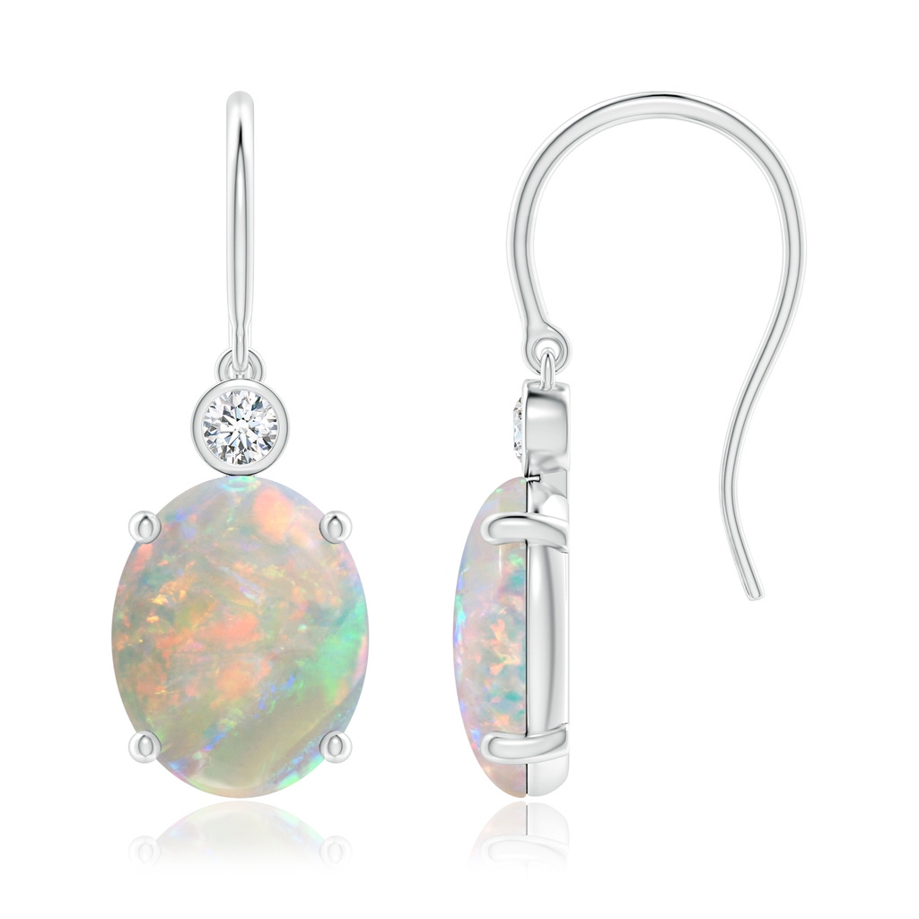 10x8mm AAAA Oval Opal Fish Hook Earrings with Bezel-Set Diamonds in P950 Platinum