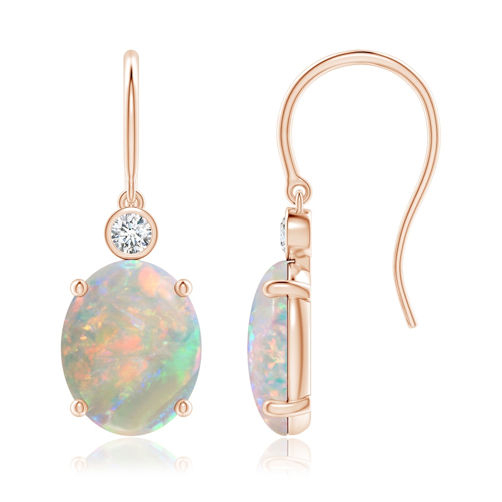 10x8mm AAAA Oval Opal Fish Hook Earrings with Bezel-Set Diamonds in Rose Gold