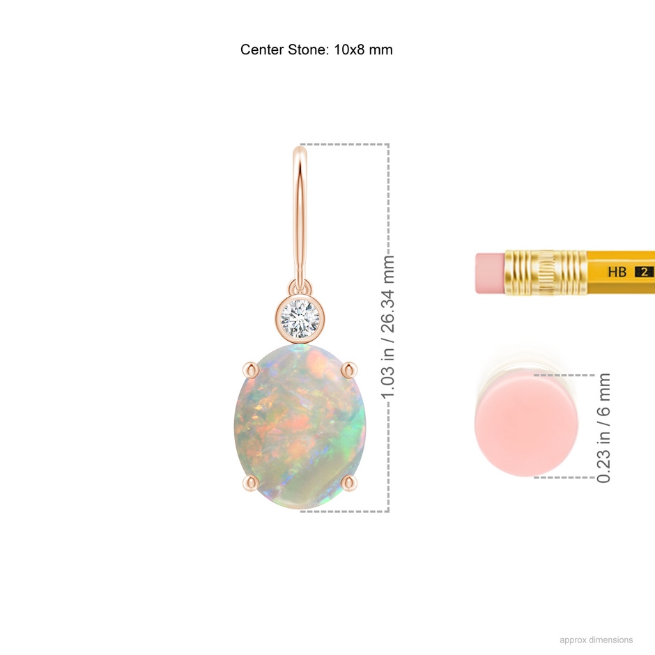 10x8mm AAAA Oval Opal Fish Hook Earrings with Bezel-Set Diamonds in Rose Gold ruler