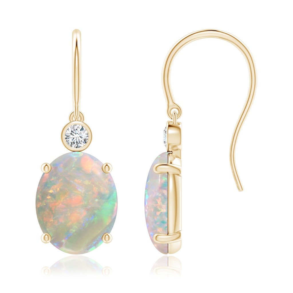 10x8mm AAAA Oval Opal Fish Hook Earrings with Bezel-Set Diamonds in Yellow Gold