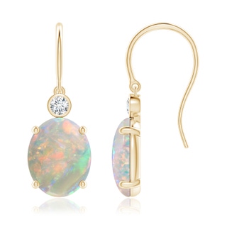 10x8mm AAAA Oval Opal Fish Hook Earrings with Bezel-Set Diamonds in Yellow Gold