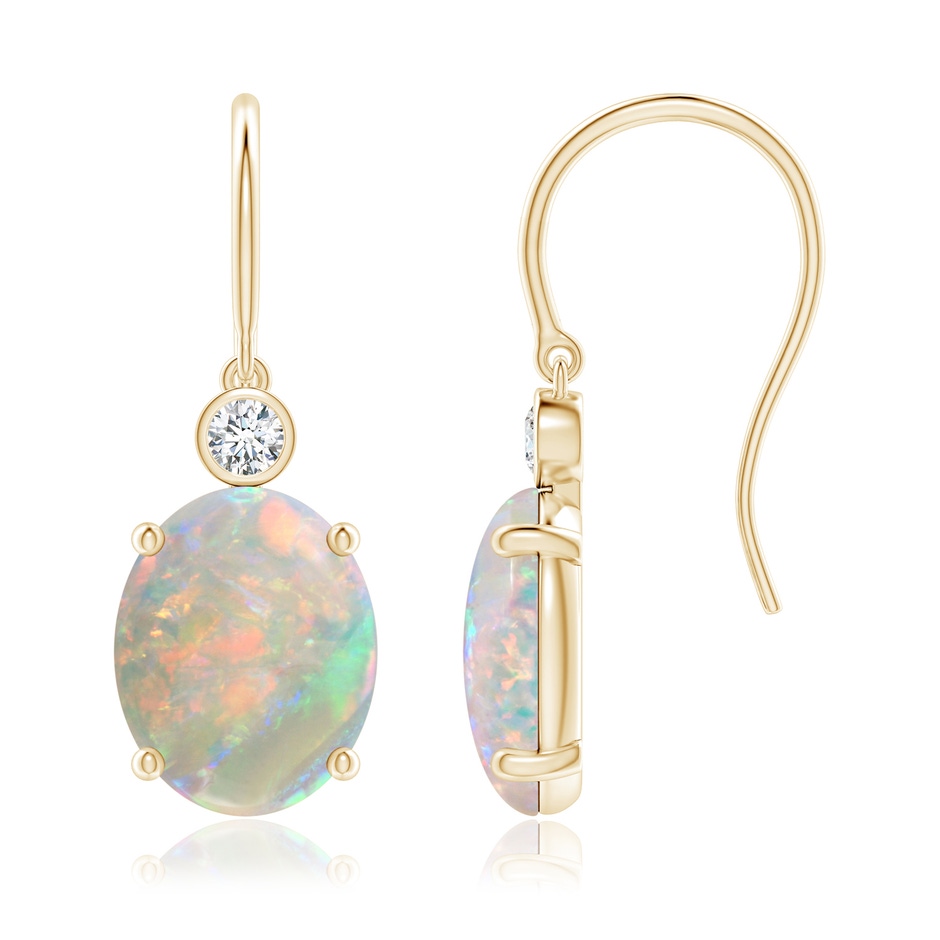 10x8mm AAAA Oval Opal Fish Hook Earrings with Bezel-Set Diamonds in Yellow Gold 