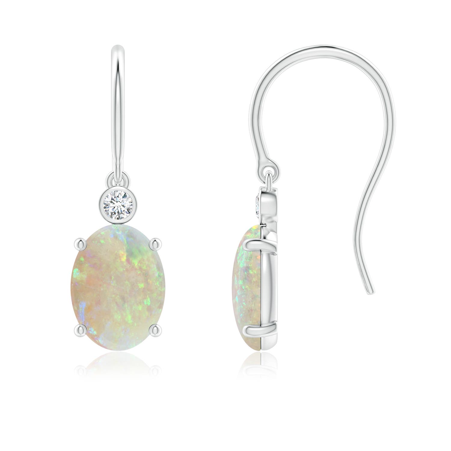 8x6mm AAA Oval Opal Fish Hook Earrings with Bezel-Set Diamonds in P950 Platinum