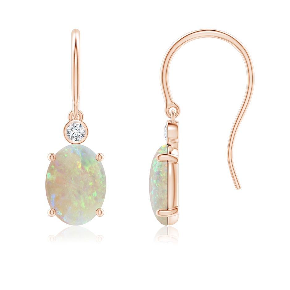 8x6mm AAA Oval Opal Fish Hook Earrings with Bezel-Set Diamonds in Rose Gold 