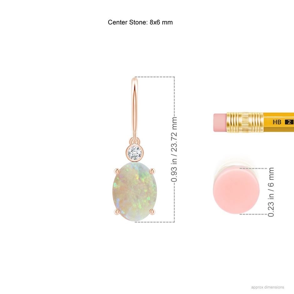 8x6mm AAA Oval Opal Fish Hook Earrings with Bezel-Set Diamonds in Rose Gold ruler