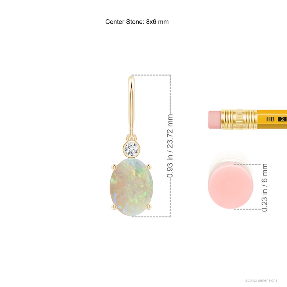 8x6mm AAA Oval Opal Fish Hook Earrings with Bezel-Set Diamonds in Yellow Gold ruler