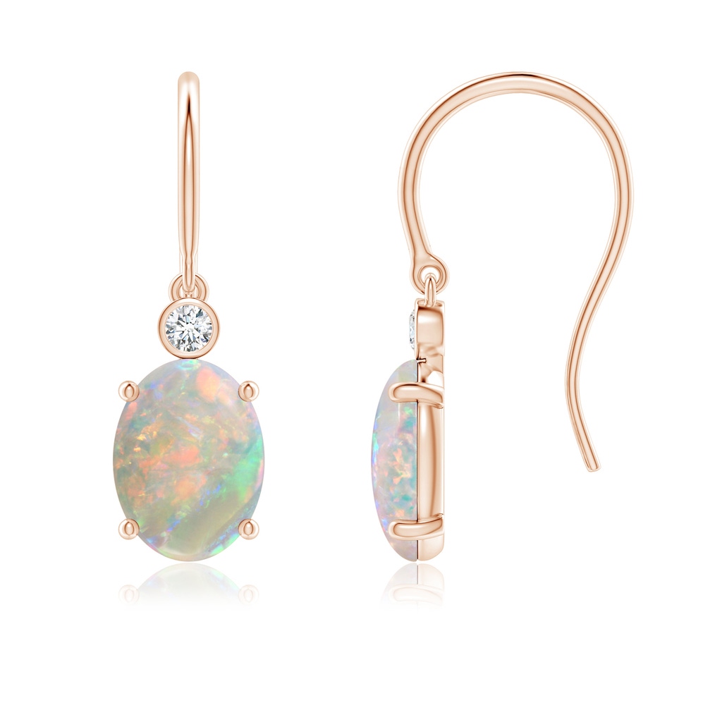 8x6mm AAAA Oval Opal Fish Hook Earrings with Bezel-Set Diamonds in Rose Gold 